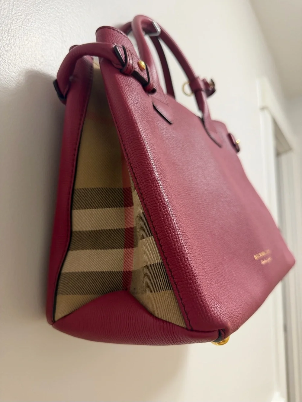 Burberry Burgundy Leather Satchel with Gold Hardware
